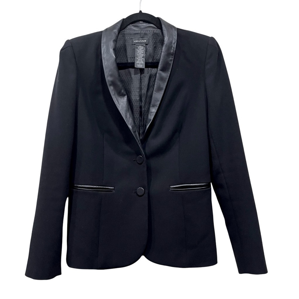 Lord & Taylor Black Leather Detail Structured Blazer with Notched Lapels 8